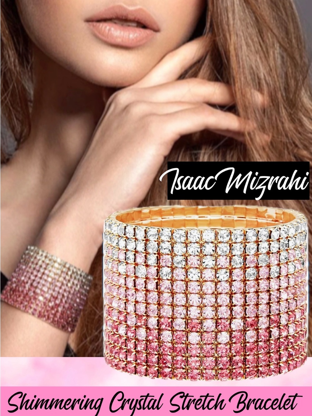 Badgley Mischka Shimmering Pink Crystal Statement Bracelet/ Cuff / Stretch